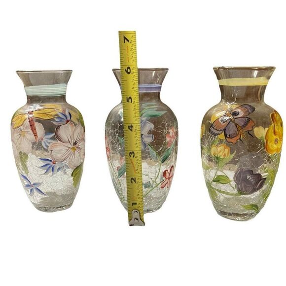 Set 3 Hand Painted Dragonfly Floral Butterfly Fifth Avenue Crackle Glass Vases - Picture 3 of 7